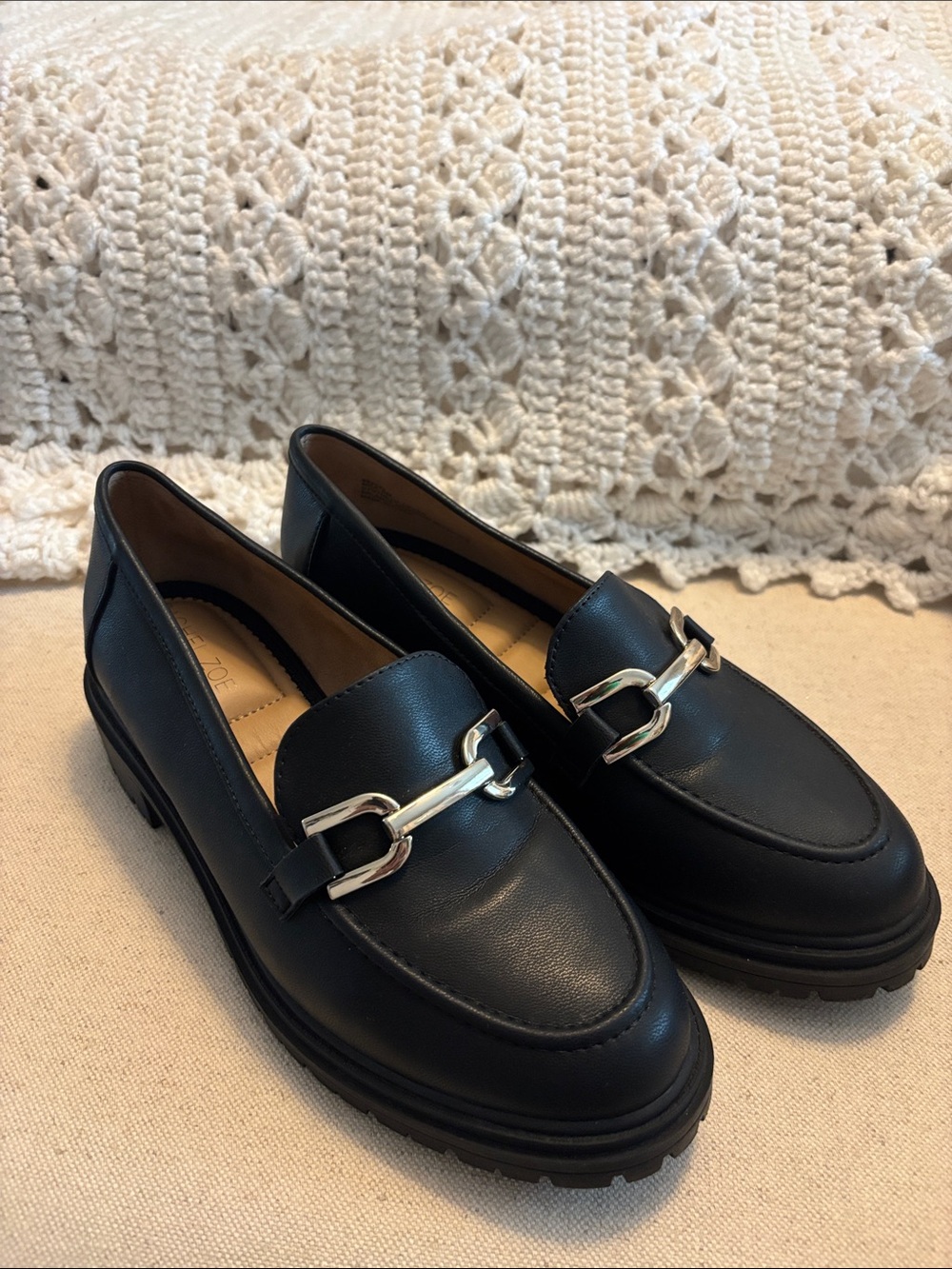 Rachel Zoe Black Leather Loafers with Silver Chain Accent